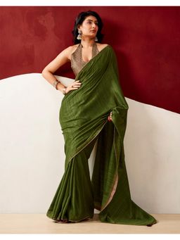 SATRANI - Olive Green Solid Tassels Silk Saree with Unstitched Blouse