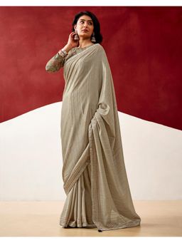SATRANI - Dusty Grey Solid Tassels Silk Saree with Unstitched Blouse
