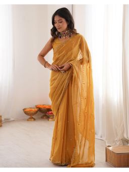 SATRANI - Mustard Sequins Embroidery Shimmer Tissue Saree with Unstitched Blouse