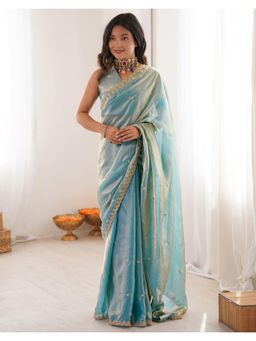 SATRANI - Sky Blue Sequins Embroidery Shimmer Tissue Saree with Unstitched Blouse