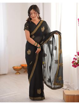 SATRANI - Black Embroidery Stone Work Georgette Saree with Unstitched Blouse