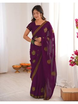 SATRANI - Dark Magenta Embroidery Stone Work Georgette Saree with Unstitched Blouse