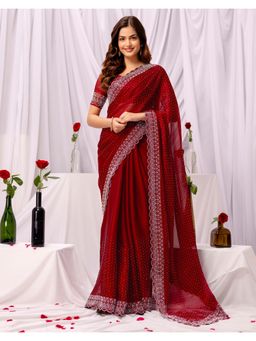 SATRANI - Maroon Stone Work Chiffon Saree with Unstitched Blouse