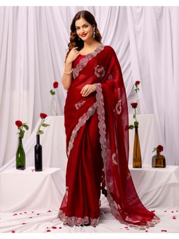 SATRANI - Maroon Stone Work Chiffon Saree with Unstitched Blouse