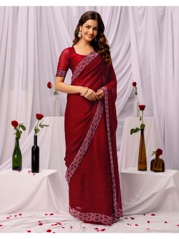 SATRANI - Maroon Stone Work Chiffon Saree with Unstitched Blouse