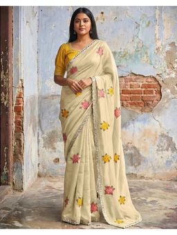 SATRANI - Cream Embroidery Mirror Work Georgette Saree with Unstitched Blouse