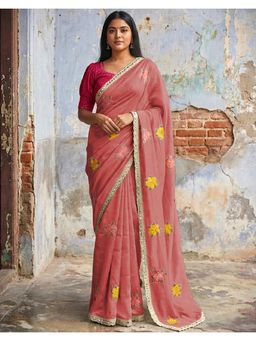 SATRANI - Rose Pink Embroidery Georgette Saree with Unstitched Blouse