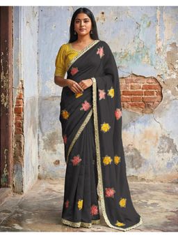 SATRANI - Black Embroidery Mirror Work Georgette Saree with Unstitched Blouse