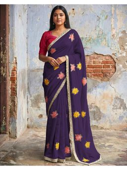 SATRANI - Purple Embroidery Mirror Work Georgette Saree with Unstitched Blouse