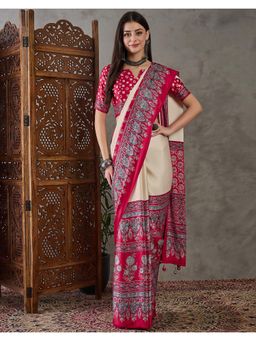 SATRANI - Cream Cherry Red Printed Tassels Satin Saree with Unstitched Blouse