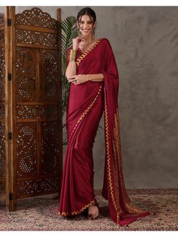 SATRANI - Red Printed Tassels Satin Saree with Unstitched Blouse