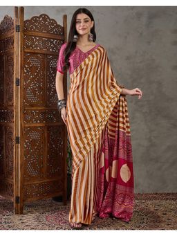 SATRANI - Mustard Beige Printed Tassels Satin Saree with Unstitched Blouse