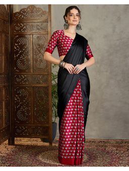SATRANI - Black Red Printed Tassels Satin Saree with Unstitched Blouse