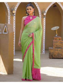 SATRANI - Light Green Bandhani Printed Lace Tassels Chiffon Saree with Unstitched Blouse