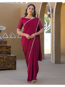 SATRANI - Dark Magenta Lace Crush Silk Saree with Unstitched Blouse
