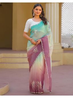 SATRANI - Turquoise and Mauve Sequins Embroidery Silk Saree with Unstitched Blouse