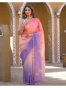 SATRANI - Coral Pink and Lavender Sequins Embroidery Tissue Silk Saree with Unstitched Blouse