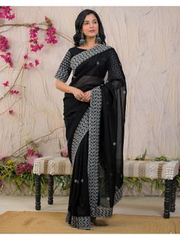 SATRANI - Black Embroidery Chiffon Saree with Unstitched Blouse