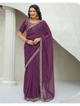 SATRANI - Wine Bandhani Printed Sequins Embroidery Lace Georgette Saree with Unstitched Blouse