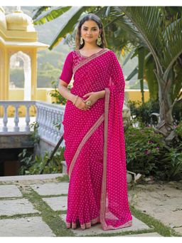 SATRANI - Pink Bandhani Printed Sequins Embroidery Lace Georgette Saree with Unstitched Blouse