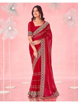 SATRANI - Red Embroidery Stone Work Georgette Saree with Unstitched Blouse