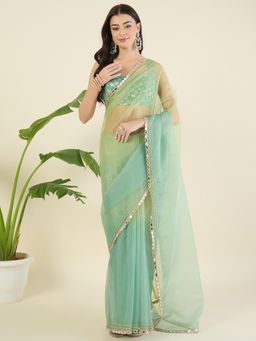 Aritri - Women Sea Green Organza Mirror-Work Border Sarees with Stitched Blouse