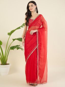 Aritri - Women Red Organza Mirror-Work Border Sarees with Stitched Blouse