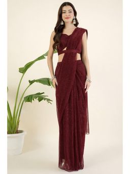 Aritri - Women Wine Draped Shimmer Saree and Stitched Blouse