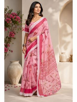 Elora - Baby Pink Chanderi Cotton Floral Printed Ready To Wear Saree with Unstitched Blouse