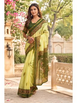 Elora - Lemon Green Chanderi Cotton Motifs Printed Ready To Wear Saree with Unstitched Blouse