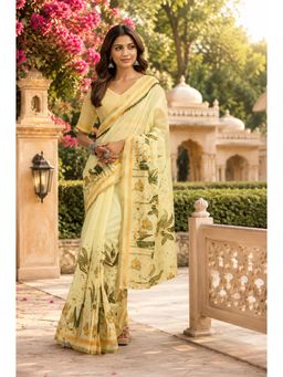 Elora - Creamy Yellow Chanderi Cotton Floral Printed Ready To Wear Saree with Unstitched Blouse