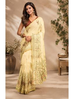 Elora - Light Yellow Chanderi Cotton Kalamkari Printed Ready To Wear Saree with Unstitched Blouse