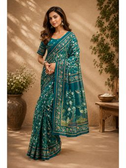 Elora - Deep Teal Chanderi Cotton Floral Jaal Printed Ready To Wear Saree with Unstitched Blouse
