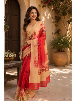 Elora - Red Chanderi Cotton Large Rose Floral Printed Ready To Wear Saree with Unstitched Blouse