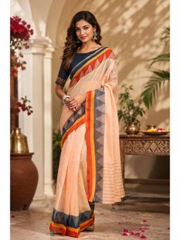 Elora - Light Peach Chanderi Cotton Plain Printed Ready To Wear Saree with Unstitched Blouse