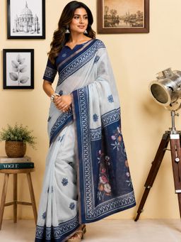 Elora - Off White and Navy Blue Chanderi Floral Ready To Wear Saree with Unstitched Blouse
