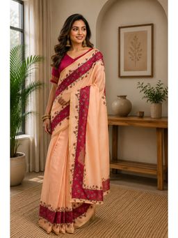 Elora - Peach Chanderi Cotton Plain Printed Ready To Wear Saree with Unstitched Blouse
