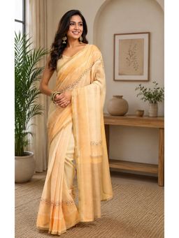 Elora - Cream Chanderi Cotton Plain Printed Ready To Wear Saree with Unstitched Blouse