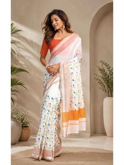 Elora - White Chanderi Cotton Floral Printed Ready To Wear Saree with Unstitched Blouse