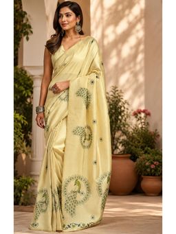 Elora - Yellow Chanderi Cotton Peacock Motifs Printed Ready To Wear Saree with Unstitched Blouse