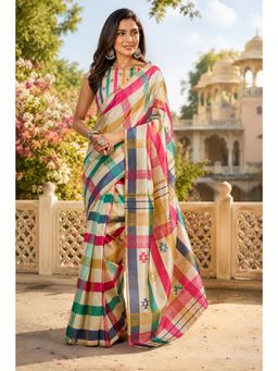 Elora - Multicolor Chanderi Cotton Checked Printed Ready To Wear Saree with Unstitched Blouse