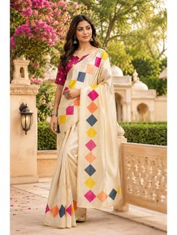 Elora - Cream Chanderi Cotton Plain Printed Ready To Wear Saree with Unstitched Blouse
