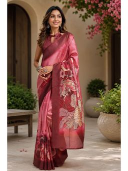 Elora - Onion Pink Chanderi Floral Ready To Wear Saree with Unstitched Blouse