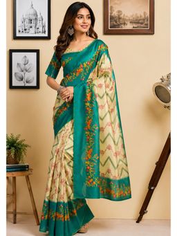 Elora - Cream and Rama Green Chanderi Ready To Wear Saree with Unstitched Blouse