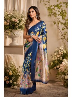 Elora - Navy Blue Chanderi Multicolor Ready To Wear Saree with Unstitched Blouse