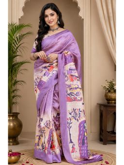 Elora - Lavender Chanderi Cotton Floral Printed Ready To Wear Saree with Unstitched Blouse
