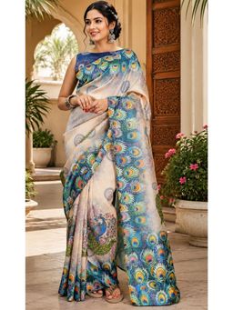 Elora - Cream Chanderi Peacock Feather Printed Ready To Wear Saree with Unstitched Blouse