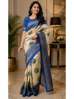 Elora - Cream Chanderi Cotton Peacock Motifs Printed Ready To Wear Saree with Unstitched Blouse