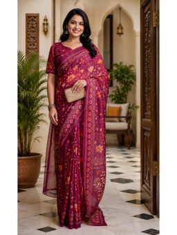 Elora - Wine Chanderi Cotton Floral Jaal Printed Ready To Wear Saree with Unstitched Blouse