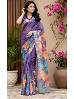 Elora - Purple Chanderi Cotton Multicolor Ready To Wear Saree with Unstitched Blouse